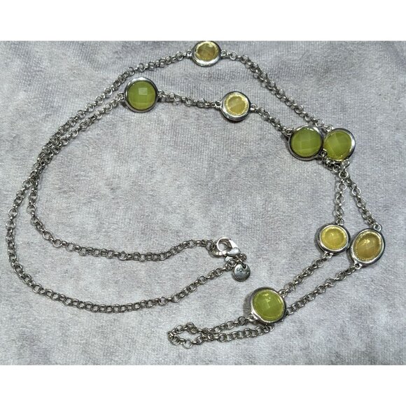 Loft Green And Yellow Gemmed Station Necklace On Silver Tone Rolo Chain - Picture 5 of 5